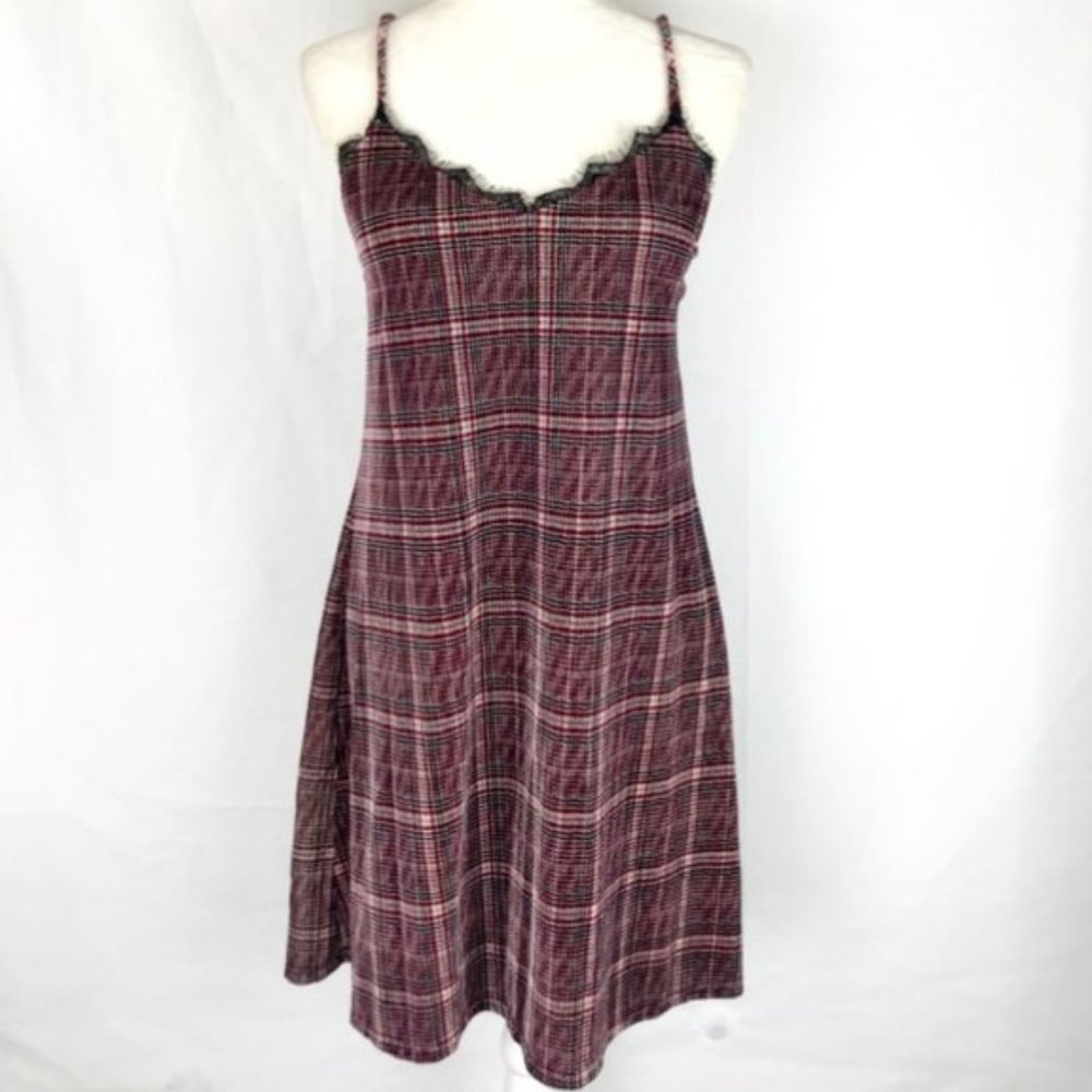 Hummingbird Womens Plaid Stretch Velvet Lace Trim Short Dress Size S